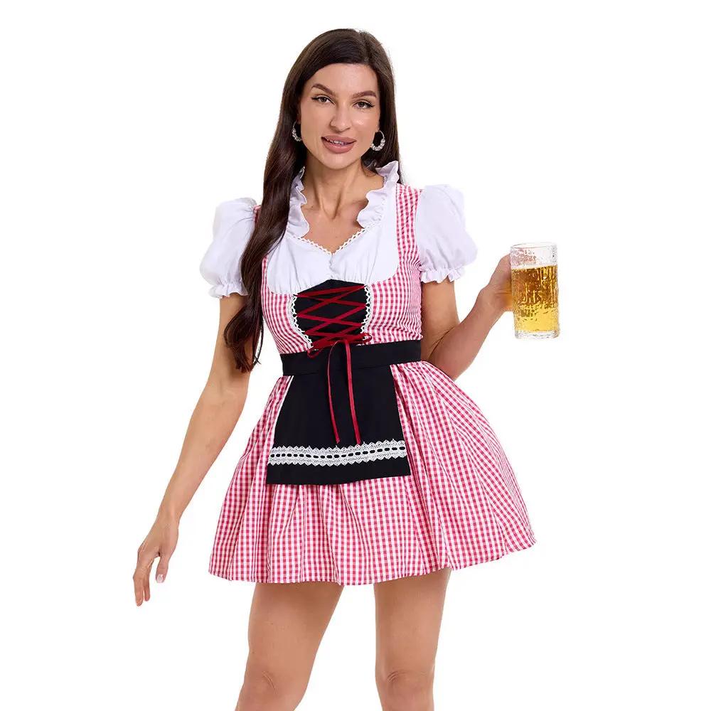 Bavarian Folk Style Cos Beer Costume Plaid Dress Maid Costume German Beer Festival Outfit by eprolo