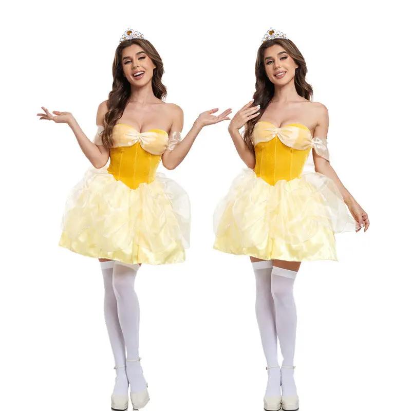 Halloween Beauty and Beast COS Yellow Dress Bell Princess Adult Sexy Bell Princess Dress Performance Dress by eprolo