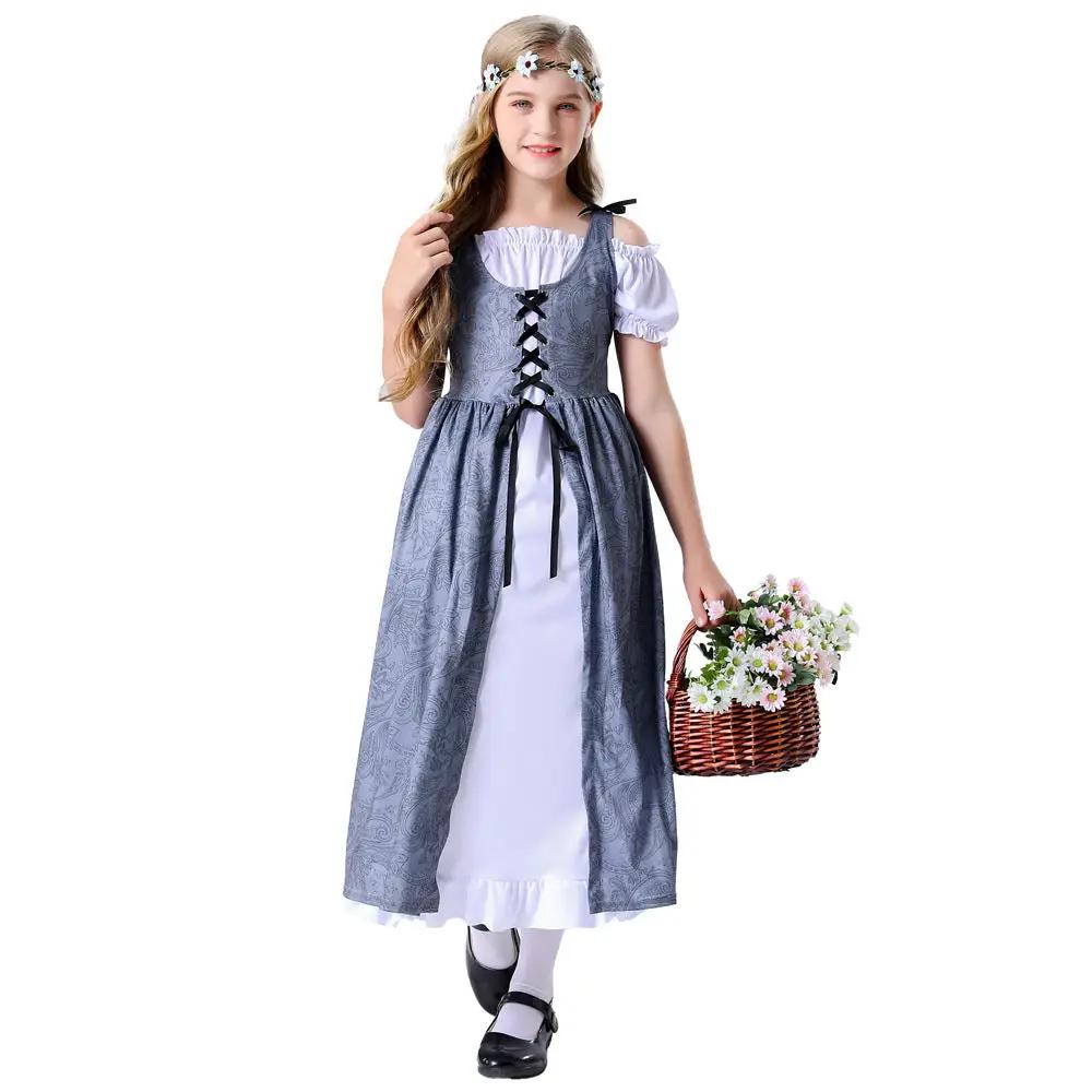 Foreign Trade Children's Girls' Dress Vintage Medieval Countryside Cos Maid Costume Stage Performance Clothing Parent-Child Style by eprolo